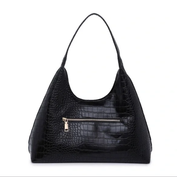 NWT Black Vegan Leather Croc Design Hobo - Picture 6 of 8